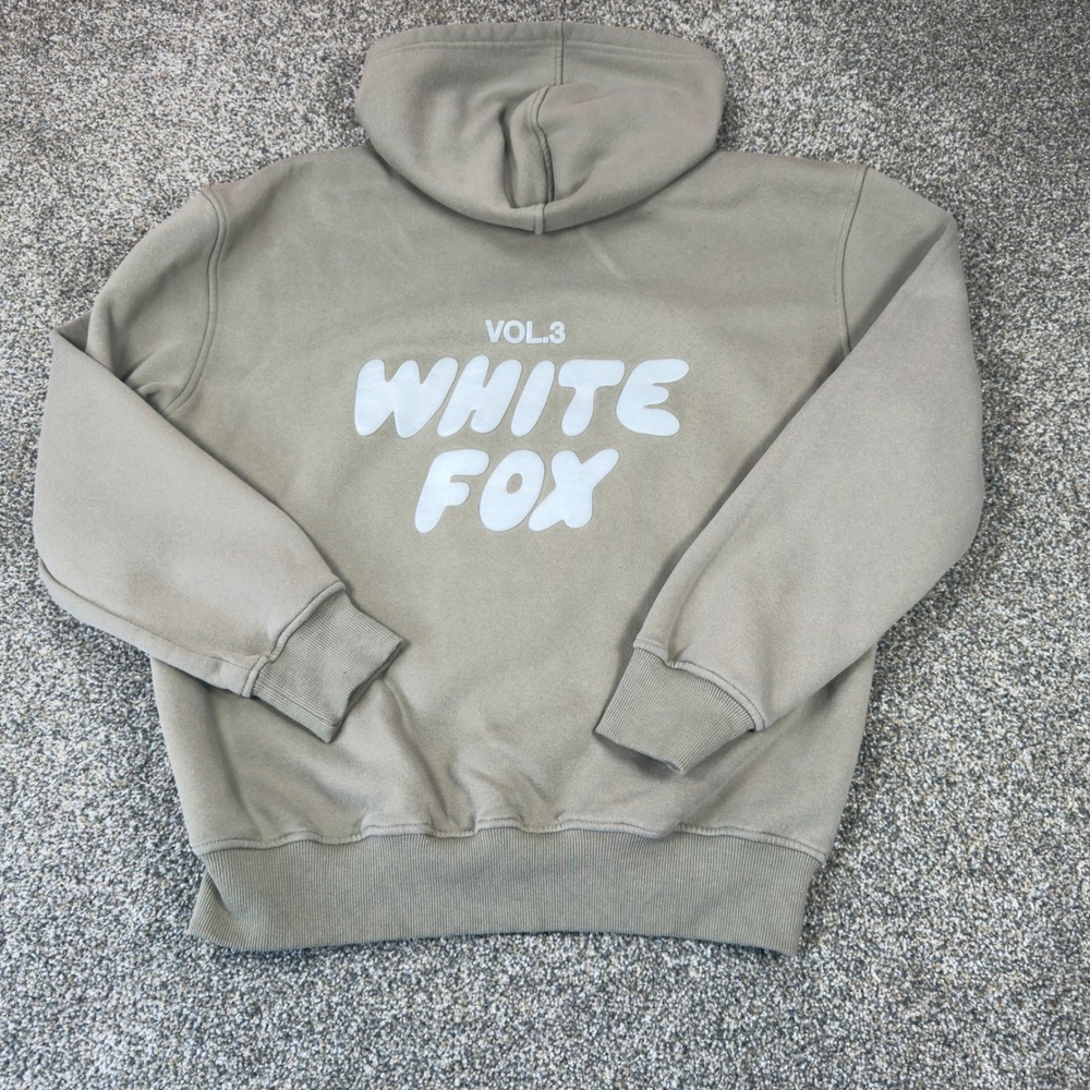 White Fox Vol 3 Oversized Hoodie Taupe Tan Fleece Sweatshirt XS/S Logo Graphic - Picture 6 of 10